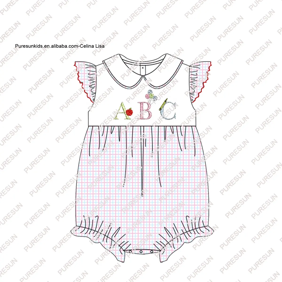 OEM Customized kids back to school clothes ABC french knot baby girls sibling sets lace trim girls shorts set