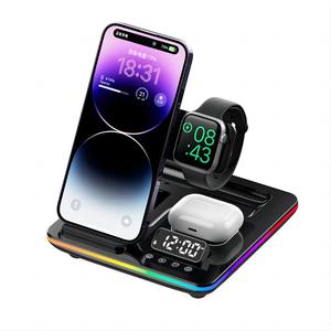デジタル時計付きAppleワンタッチ自動電子リフトワイヤレス充電スタンド用3in1折りたたみ式ワイヤレス充電ステーション - Product Image 1