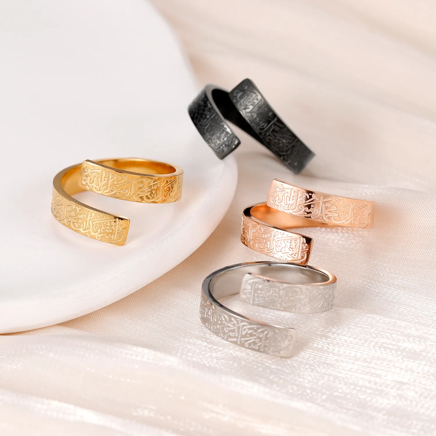 Rings Arabic Calligraphy Adjustable Ring 18K Gold Jewelry Ayatul Kursi Muslim Religious Stainless Steel for Women Men Unisex