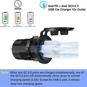 双PD 36W USB C车载充电器插座96W 4端口12V/24V USB插座，带快速充电3.0电源开关电动充电器 - Product Image 5
