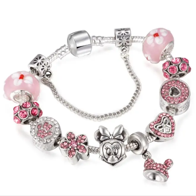 Pulseras de mickey y minnie para niños y mujeres, brazaletes de abalorios de color rosa