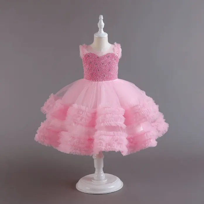 Gaun anak renda kecantikan desain baru musim panas gaun ulang tahun anak perempuan mutiara tanpa lengan gaun pesta anak perempuan 5 tahun