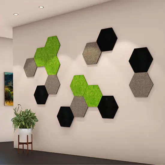 Venta caliente 9mm hexágono poliéster sonido decorativo paneles de pared acústicos con varios colores negro de alta densidad