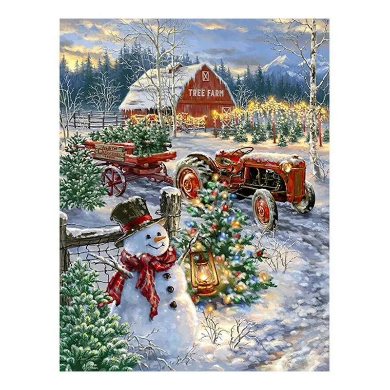 Custom5d Diamant art Peinture Kits Sur Toile Neige Lodge Arbre De Noël Oiseau Et Bonhomme De Neige Peinture À L'huile En Gros