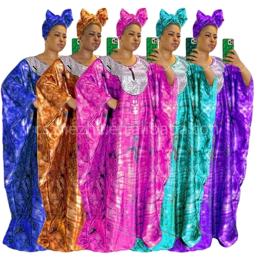 ZHEZHE 2023 estampado de lentejuelas vestido de Bata de gran tamaño suelto con hijab vestidos de caftán de color brillante de color sólido para mujer de talla grande
