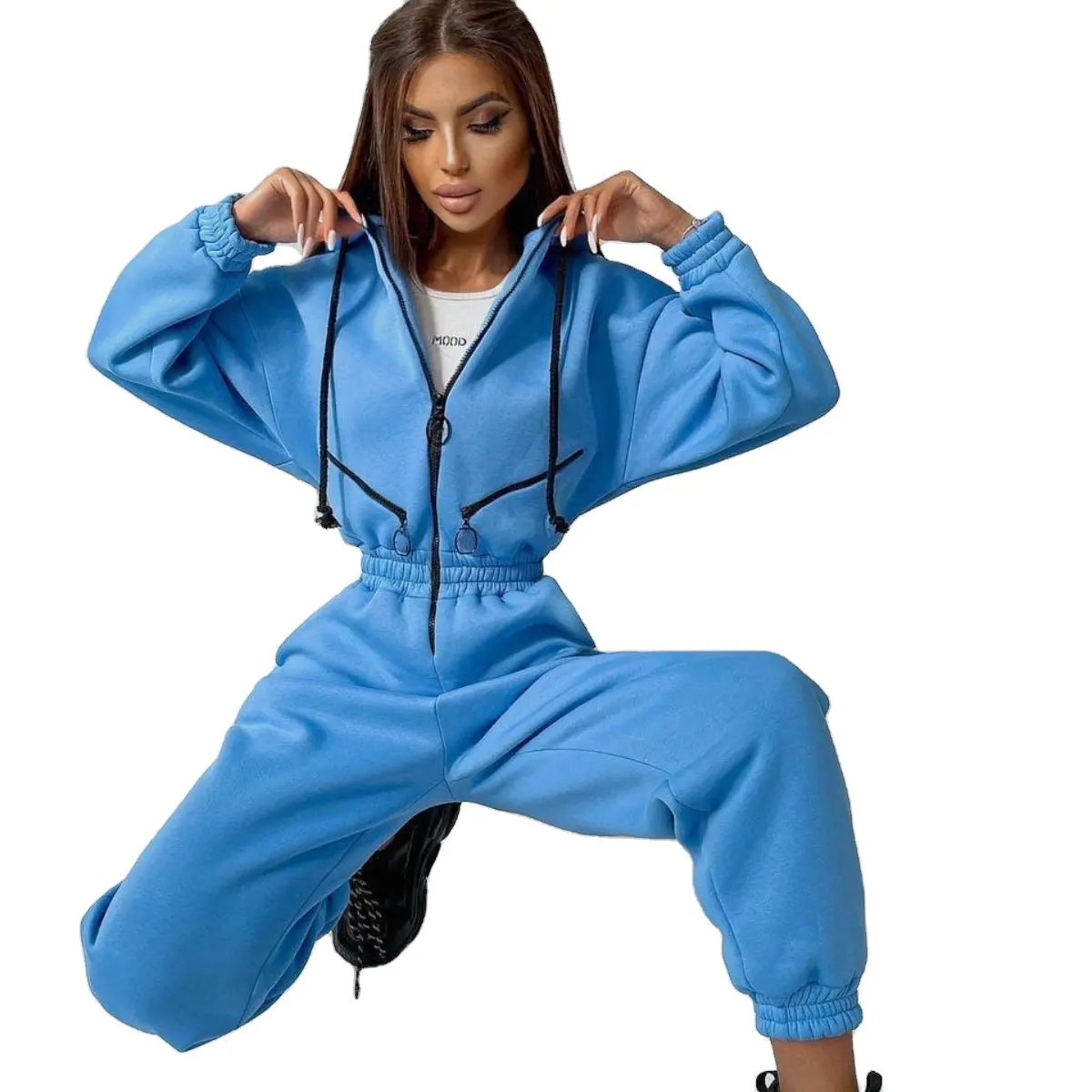 DAMOCHIC Women New Fall 2023 Arrivals Jumpsuits Long Sleeve Sweatshirt Hooded Playsuit Front Zip Winter Thick Warm Jumpsuits