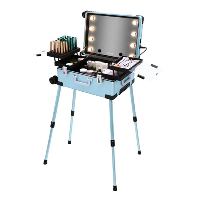 Nouveau lancement grande capacité couleur bleue chariot cas professionnel maquillage miroir lampe cosmétique boîtier en aluminium avec roue