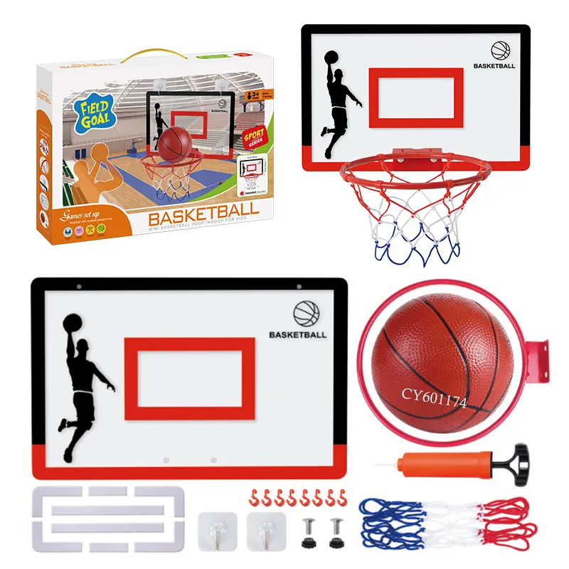2024 tablero de baloncesto de vidrio acrílico hierro/aro de baloncesto de plástico con bola y bomba de mano juguete deportivo para niños