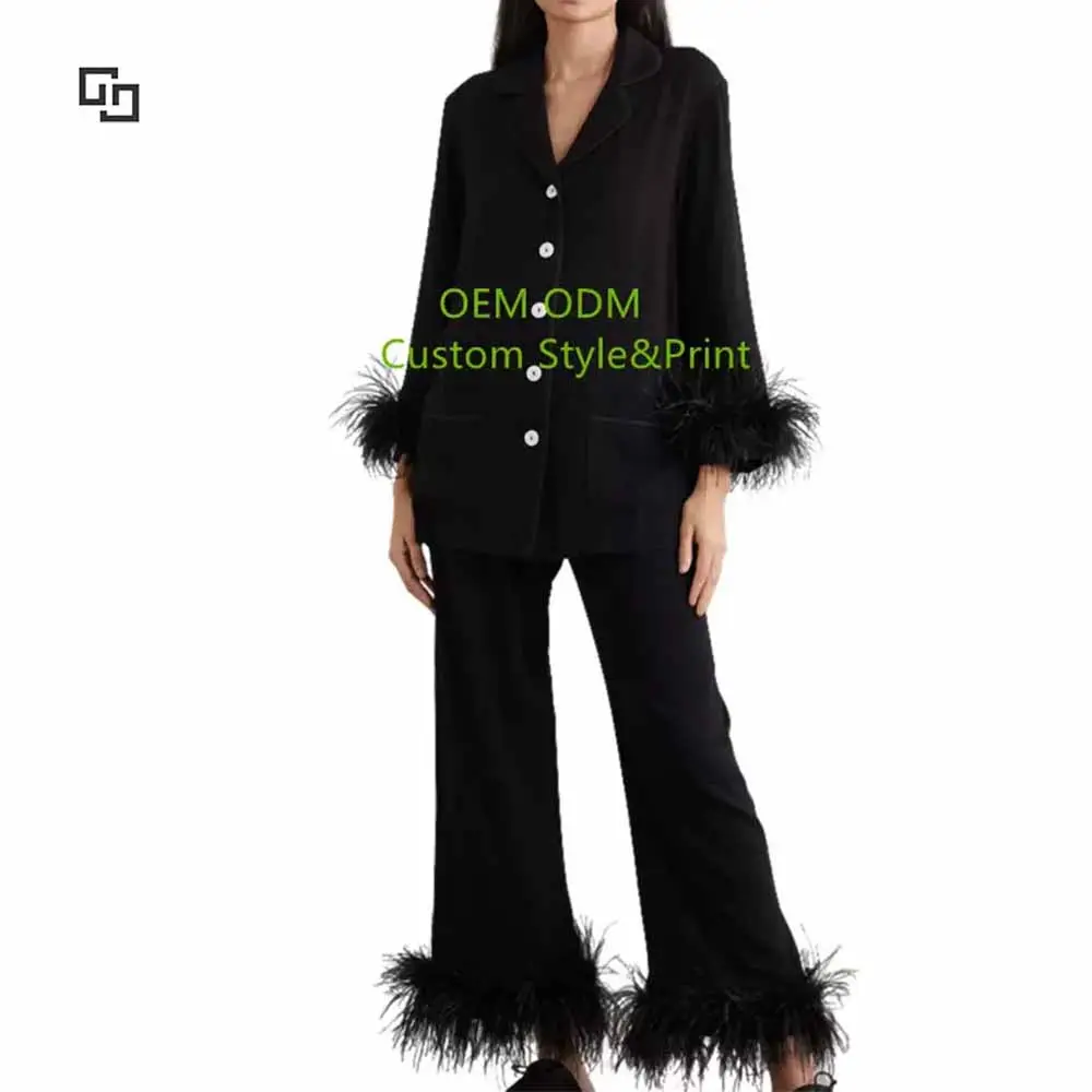 Personnalisé femme 2024 fourrure pyjamas vêtements de salon ensembles bambou vêtements Viscose Designer plume Modal pyjamas vêtements de détente femmes ensembles