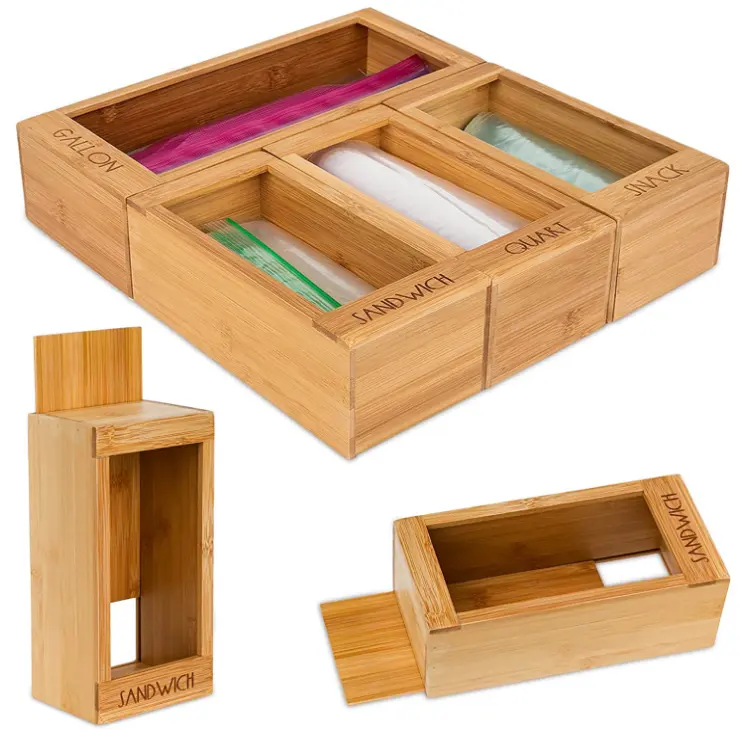 Wholesale bamboo kitchen drawer removable back ziplock bag organizer Food Storage drawer Pantry Shelf storage