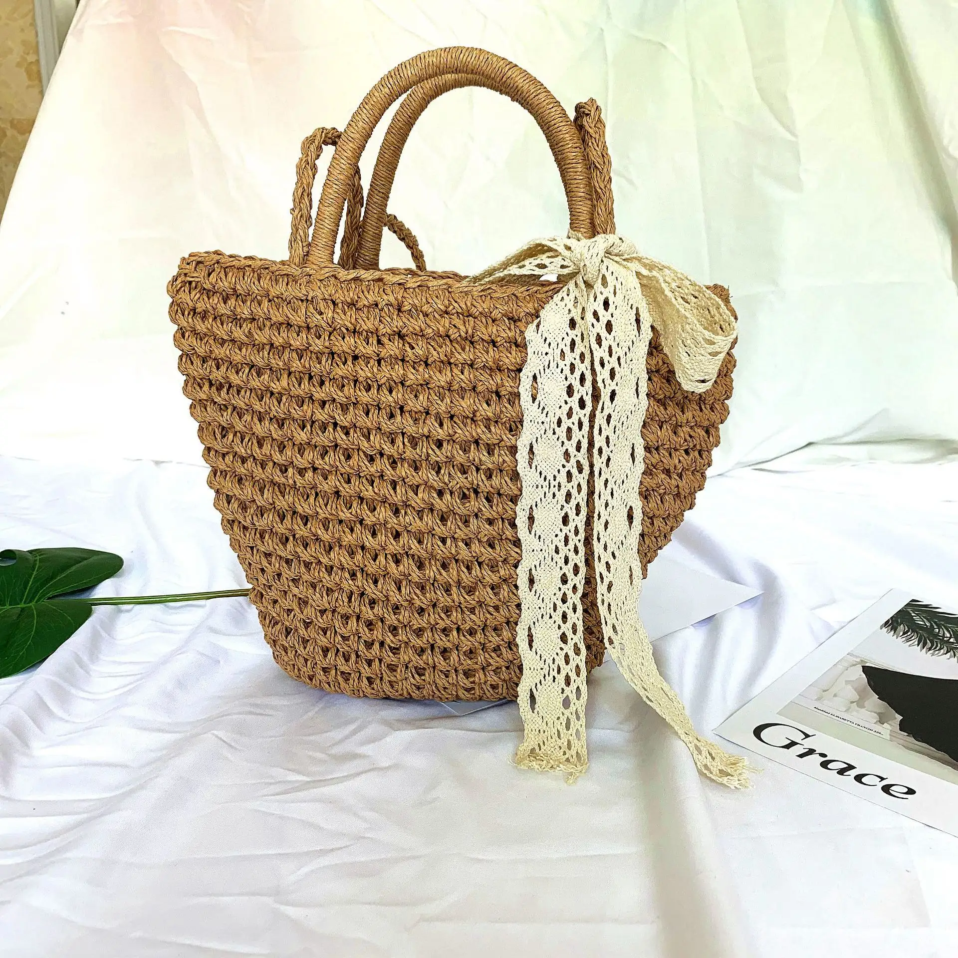 Bolso de playa de paja para mujer, bolso de bambú imitado para mujer, marca famosa de moda, superventas, 2019