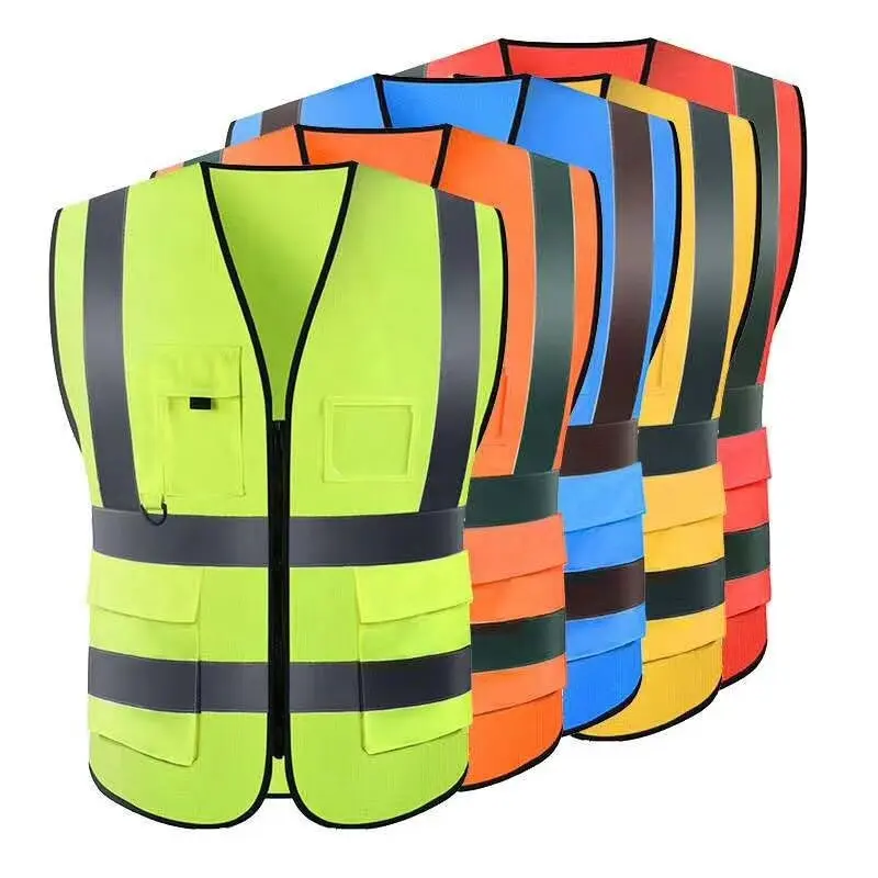 Chaquetas de seguridad reflectantes con bolsillos, chaleco de Seguridad de Tráfico 100% poliéster con cremallera