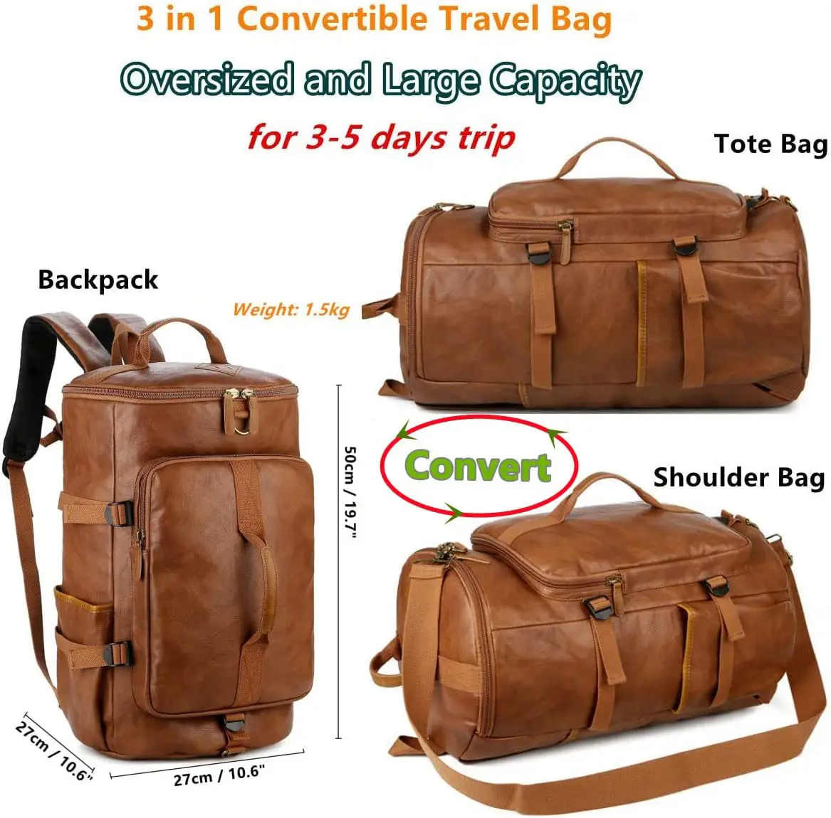3-1 Stylish Leather Men Weekender Travel Duffel Tote Bag Backpack Travel Hiking Rucksack Overnight Bag