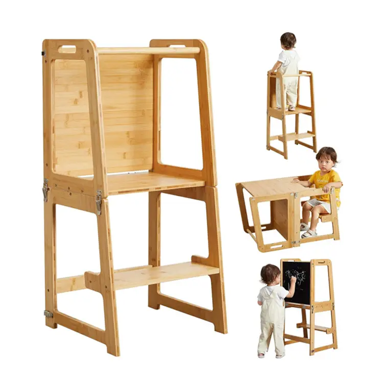 Custom 4-in-1bamboe Peuter Staande Stap Toren Kids Verstelbare Keuken Helper Kruk Opvouwbare Montessori Peuter Leren Toren