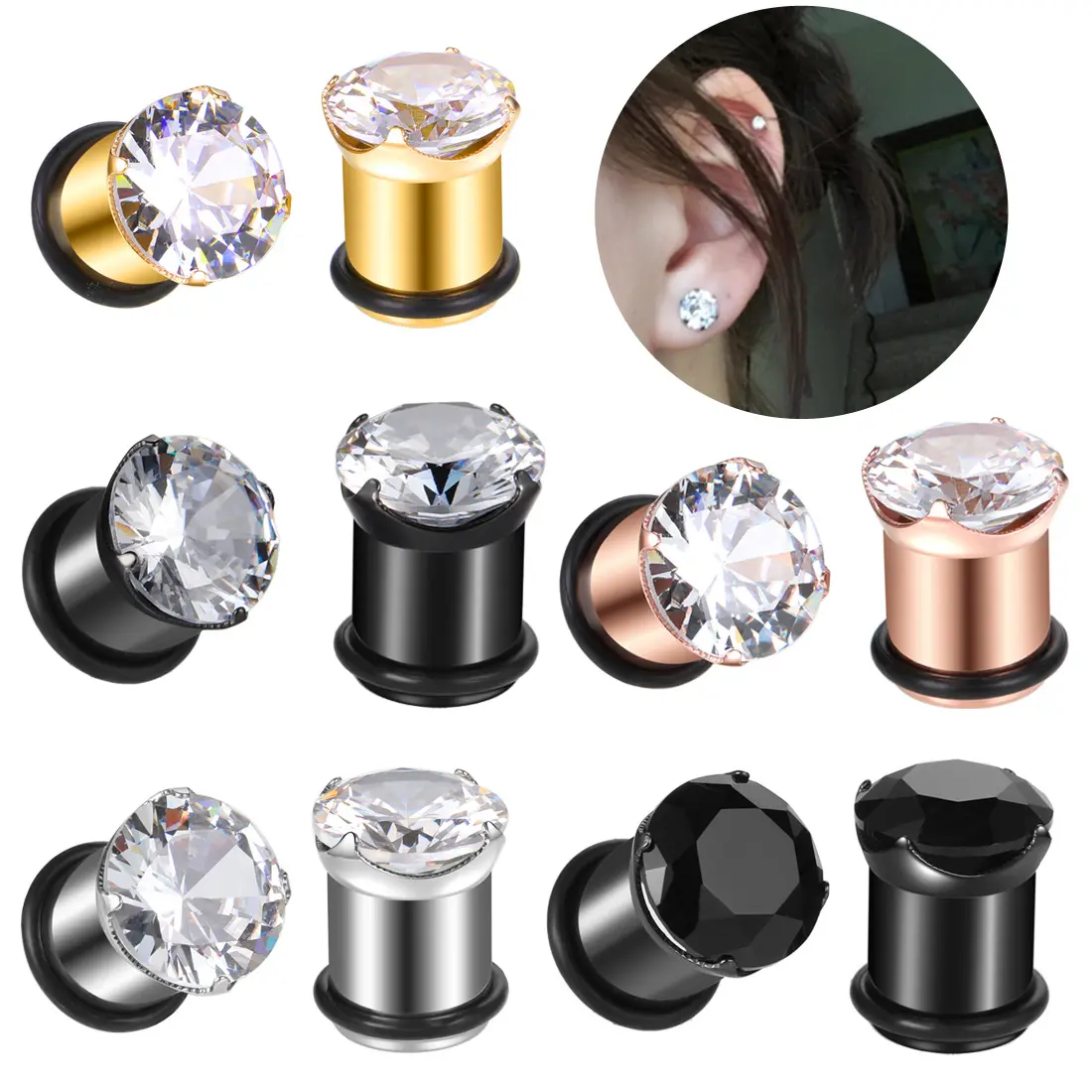 2022 Mewah 4 Warna Stainless Steel Plug & Tunnel Perhiasan 5 Mm untuk 20 Mm Ukuran Batu Permata Zircon Ear Plug Piercing Jewelry