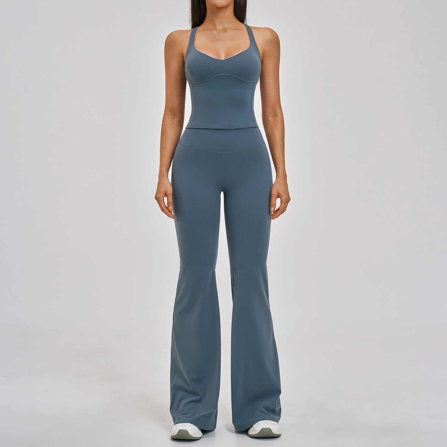 Gray Blue Top+Flare Pants Set