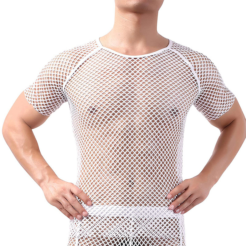 White mens fishnet mesh t shirt
