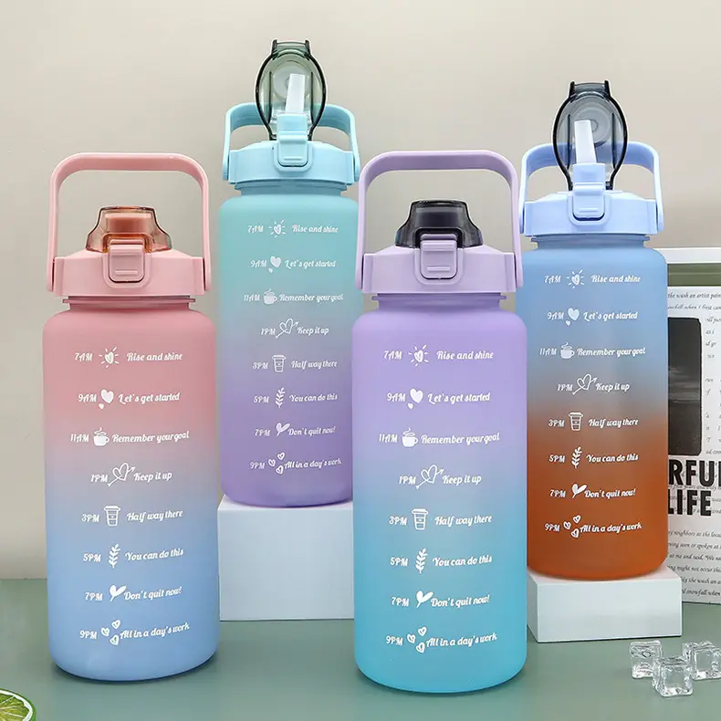 Botol air minum plastik motivasi 2l, botol air olahraga 2 Liter, botol air plastik Gym dengan spidol waktu dengan sedotan