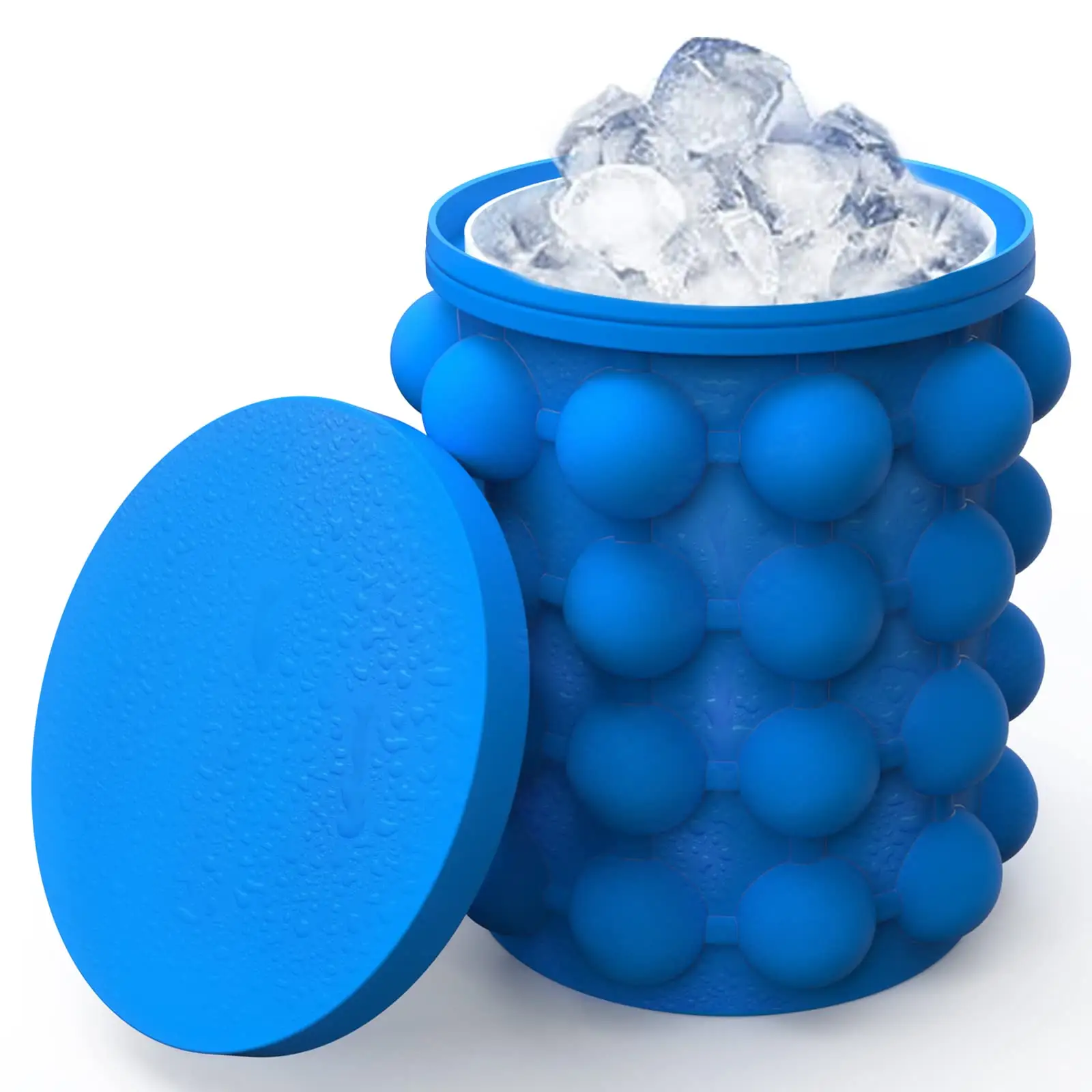 Silicone Ice Cube Maker Round Silicone Ice Cube Mold Bandejas Grande Silicone Ice Bucket Portátil Atacado 2 em 1 Logotipo Personalizado Azul