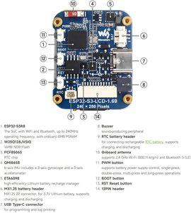 Waves hare ESP32-S3 1,69-Zoll-IPS-Touchscreen-Entwicklungsplatine 240x280 ST7789V2 SPI-LCD-Anzeige modul für ESP-IDF/Arduino-IDE - Product Image 4