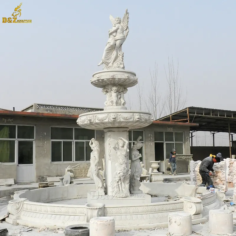 Estatua de Ángel amantes del mármol blanco puro, fuente de agua con piedra desnuda, Cherub, esculturas de estatua