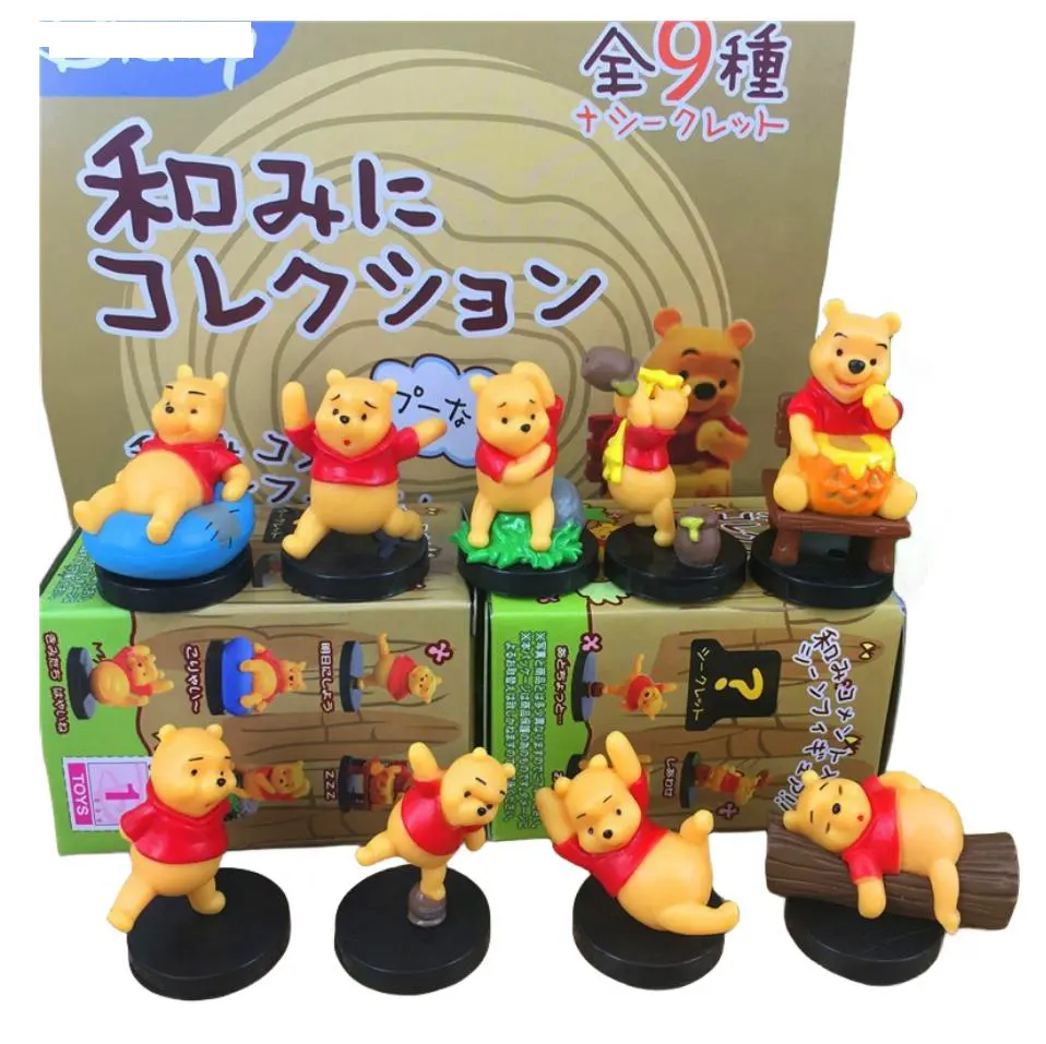Caixa cega para bonecos de ação Poohs Mistério Anime, modelo de brinquedo de urso animal em PVC personalizado por atacado com 9 unidades