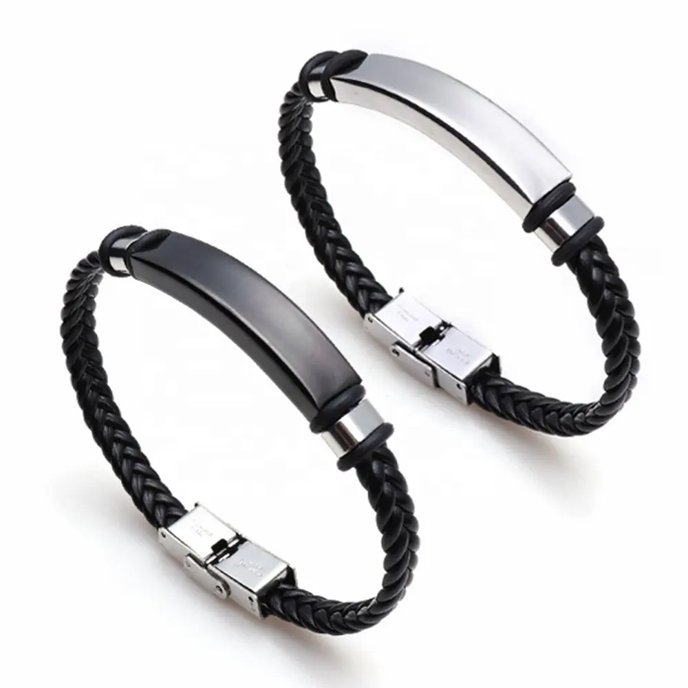 MECYLIFE Wholesale Men's Gift Cheap Leather Bracelet Custom Engraved Stainless Steel Bracelet Black Leather Armband