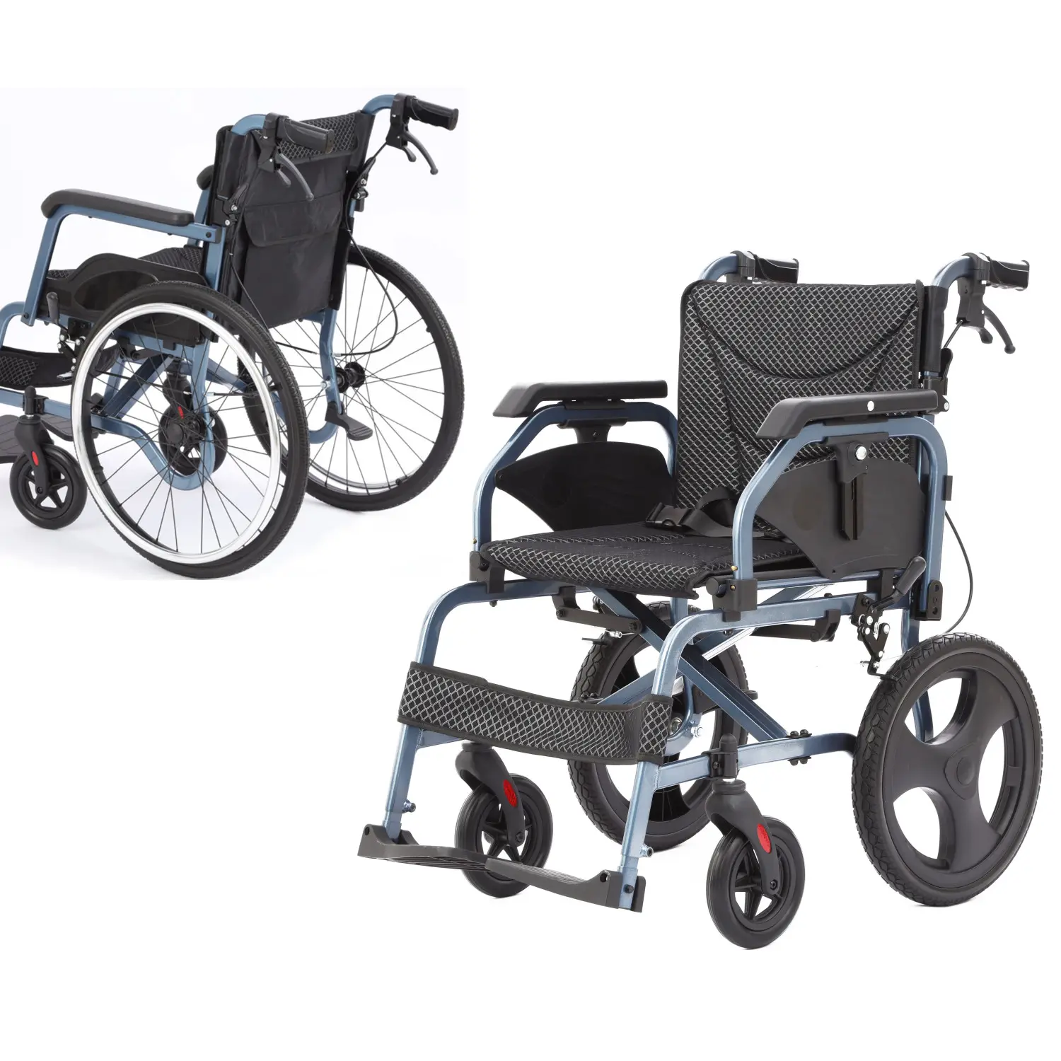 Silla de ruedas con marco de aluminio azul para discapacitados, ligera, manual, para adultos