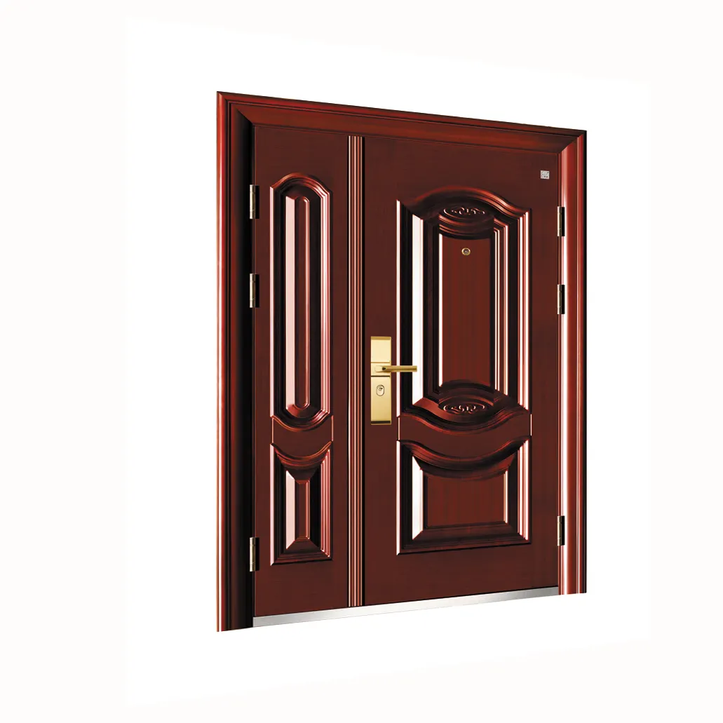 Puertas principales de buena calidad, diseño de puerta de acero y hierro, acabado de madera, Popular, doble estilo
