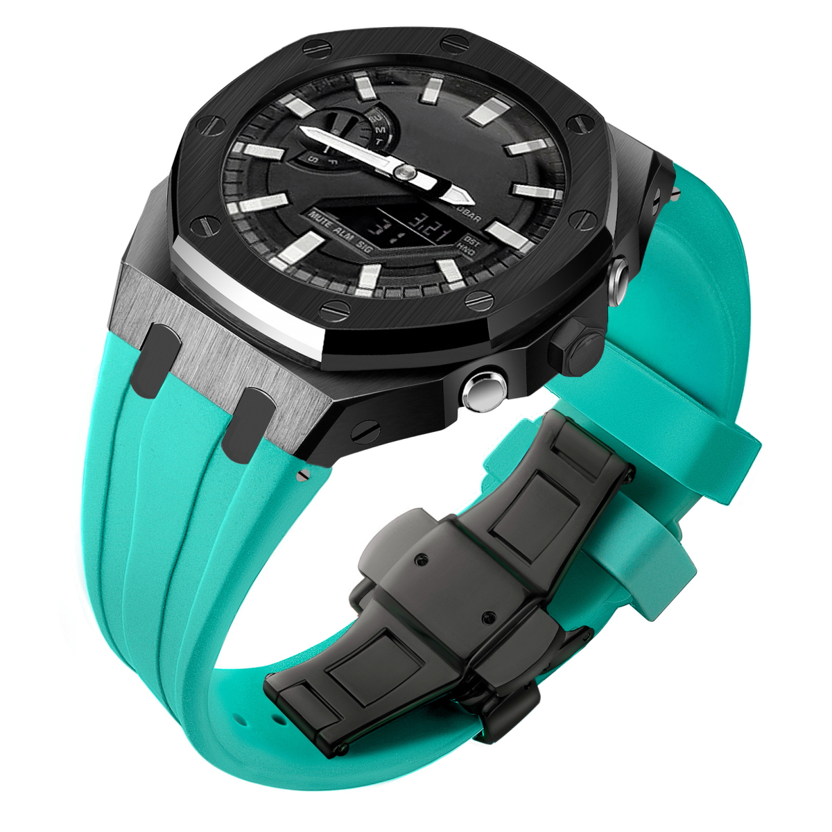 Étui noir + bracelet bleu clair