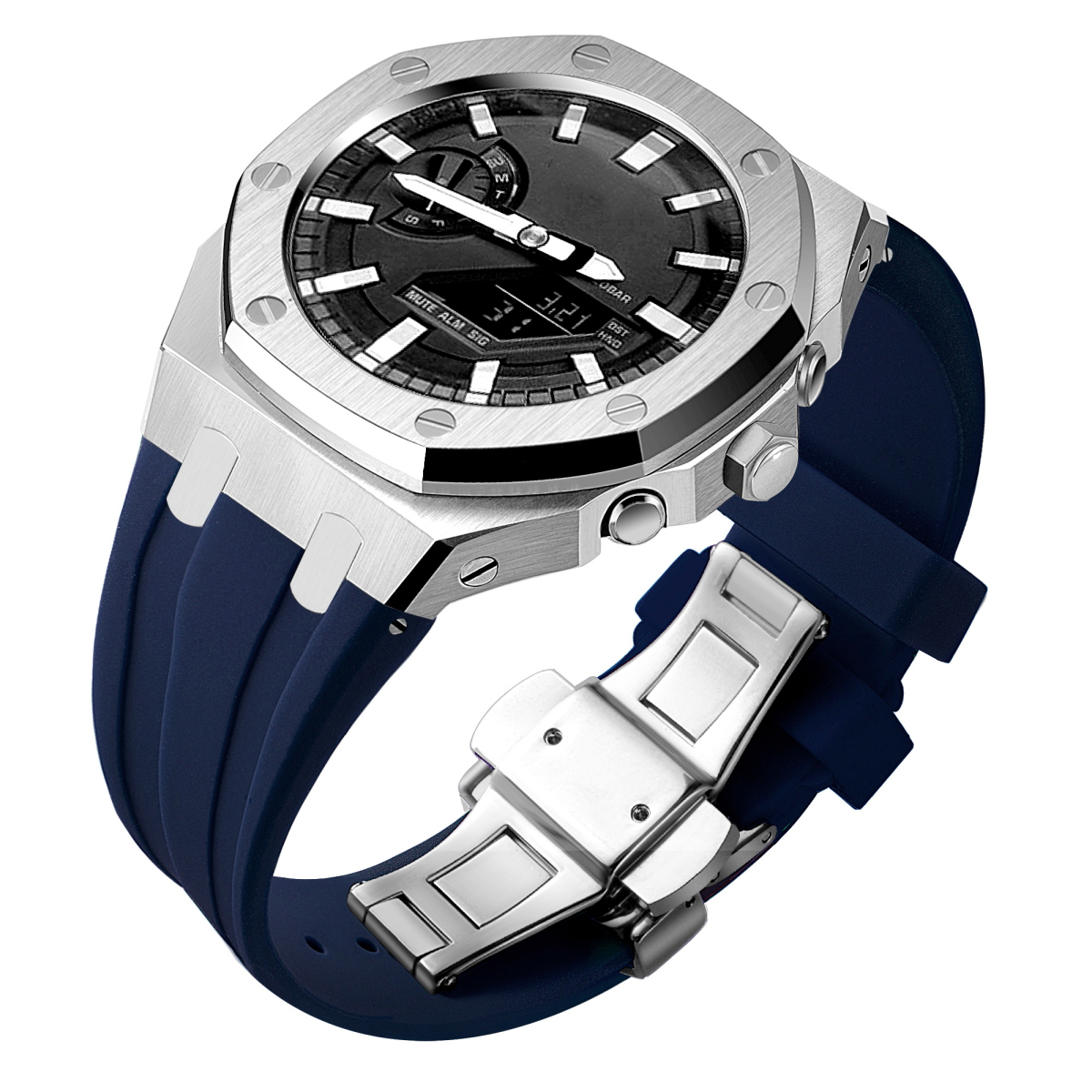 Boîtier argenté + bracelet bleu