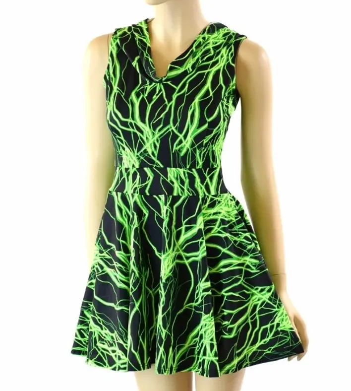 Reflective Pocket Hoodie Skater Dress Glow Neon Green Lightning Print Club Party Festival Rave Clothing