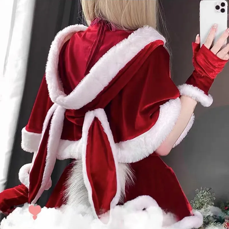 Scialle di natale rosso mantello con cappuccio per le ragazze delle donne carino coniglio orecchio scialle Santa Claus Cosplay festa Costume Lolita vestiti