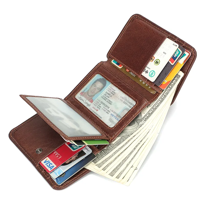 Billetera de cuero con bloqueo RFID para hombre, tarjetero personalizado, Trifold, venta al por mayor