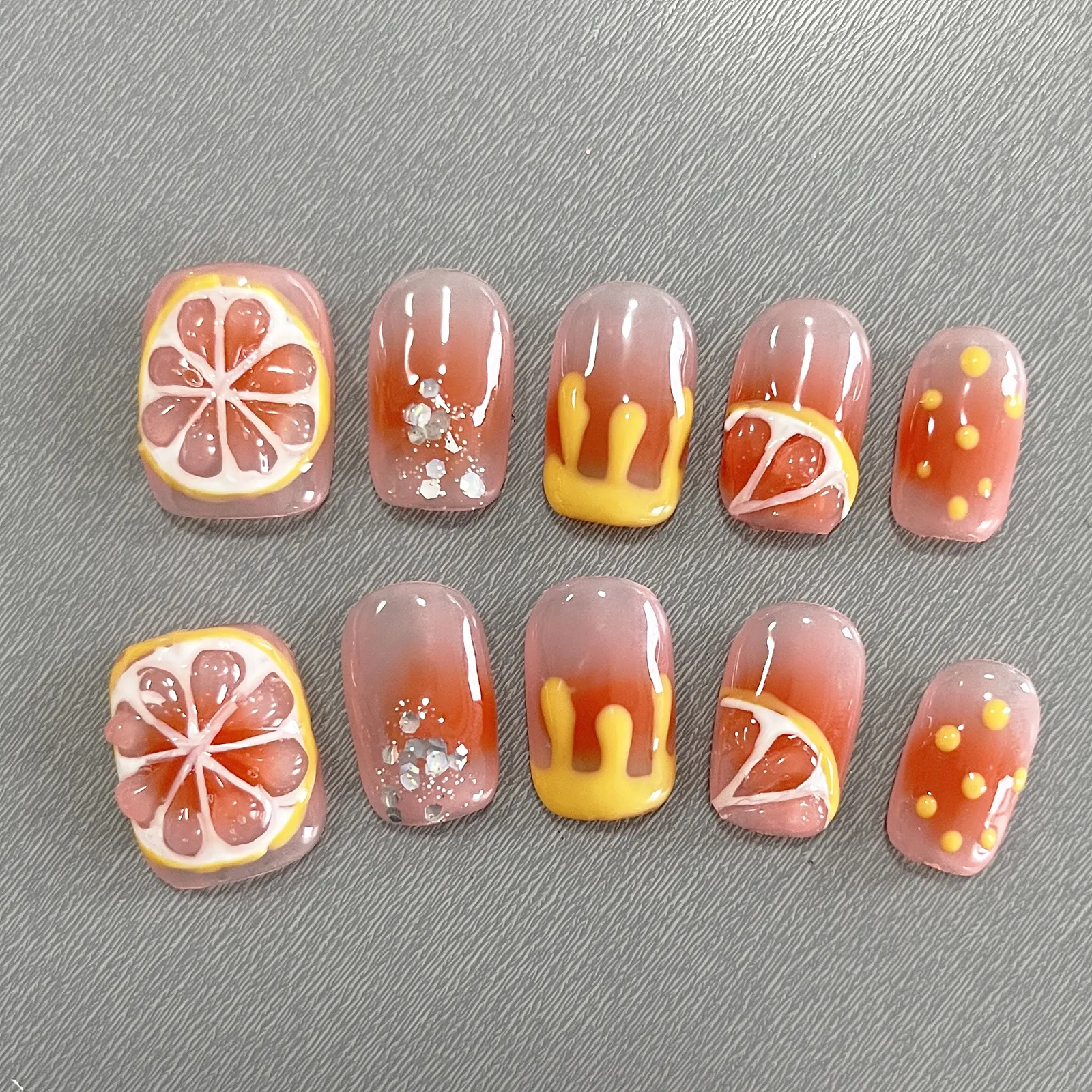 Spring Season Creative Fruits Orange False Nails with 3D Petal Pattern Design Full Cover High Quality Press On Nails