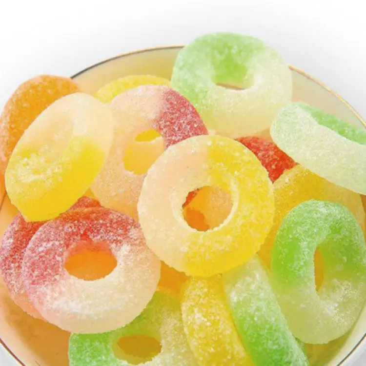Gummy doces por atacado personalizado etiqueta privada halal sour revestido gummy anel doce