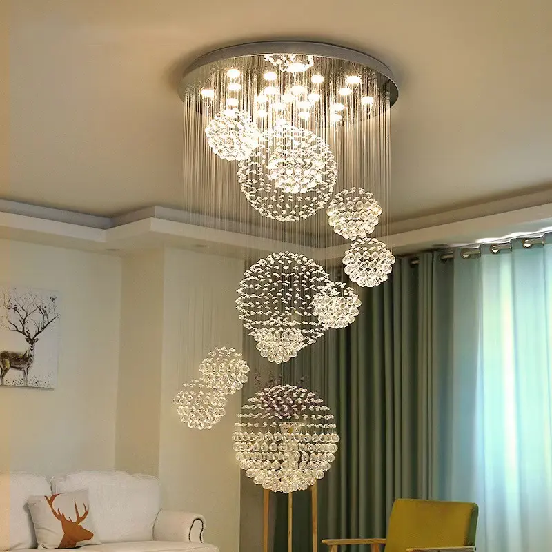 Moderna personalizzata grande scala lunga illuminazione Led lampada a sospensione a sfera goccia di pioggia lampadario a catena di cristallo a spirale per Hotel e casa