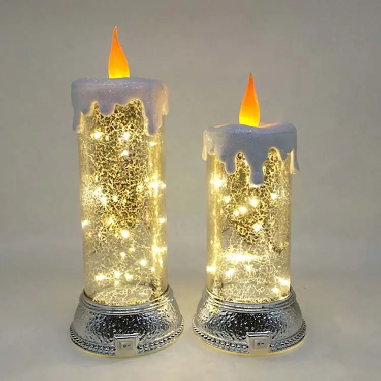 Christmas Decorative Set Of 2 silver Pillar Electric Light Glass LED Moving Candles