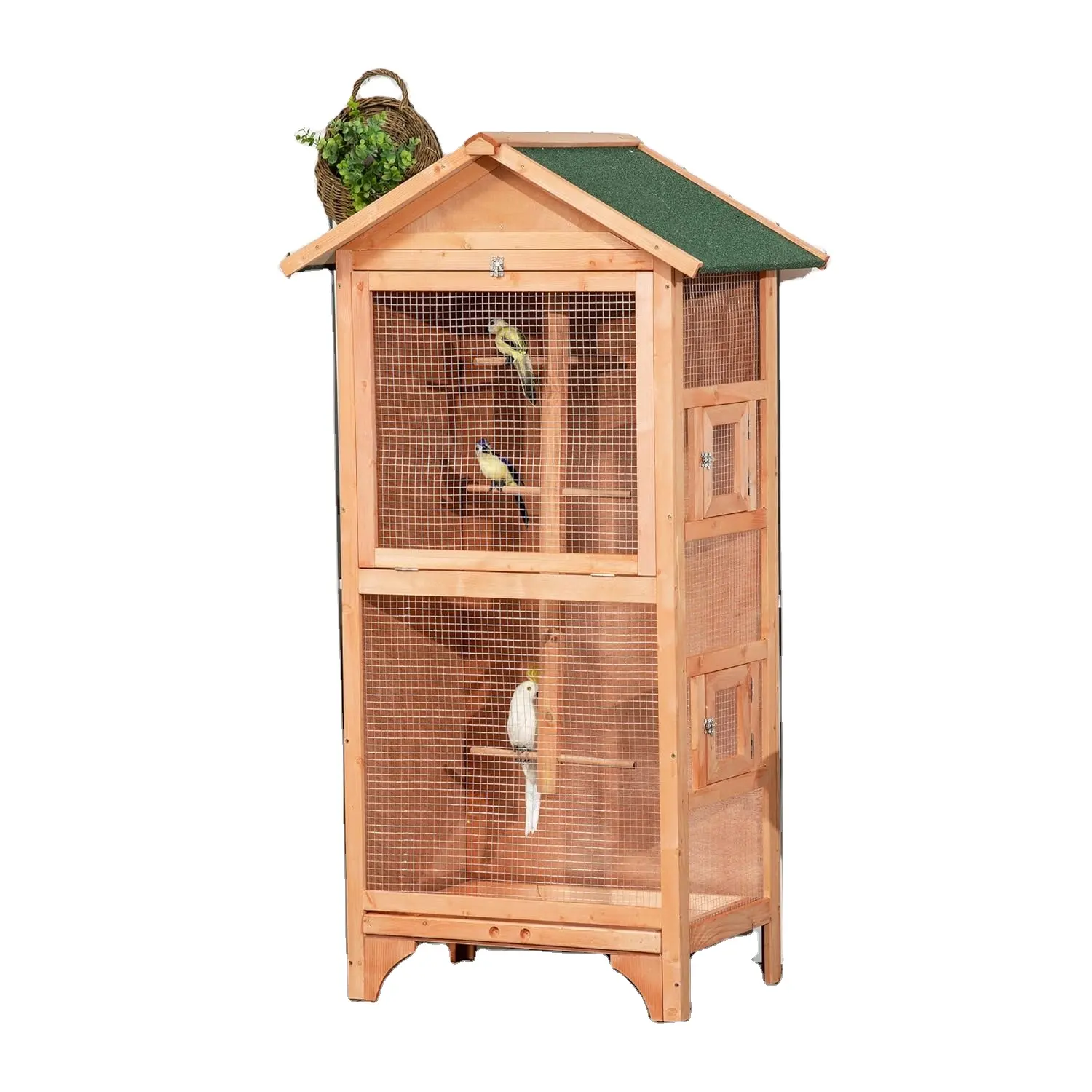 2024 vendita calda all'ingrosso all'aperto grande in legno per animali domestici voliera gabbie per uccelli pappagallo con supporto