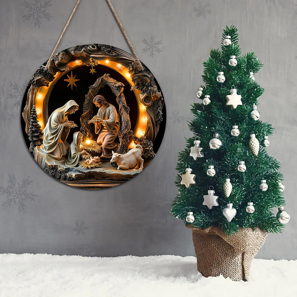 Spot Wooden Jesus Birth Baptism Circular Logo Wall Hanging Decoration for Bedroom Living Room Home Door Number Pendant