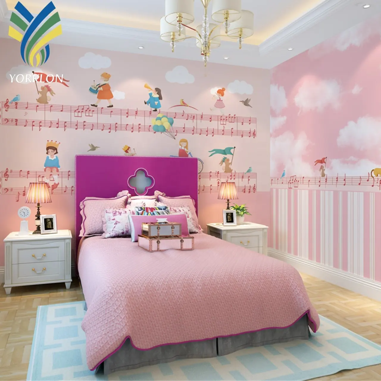 Música personalizada Azul Branco Crianças Quarto Rosa 3D Kids Cartoon Mural Papel De Parede Decoração Do Quarto Para O Bebê Menina