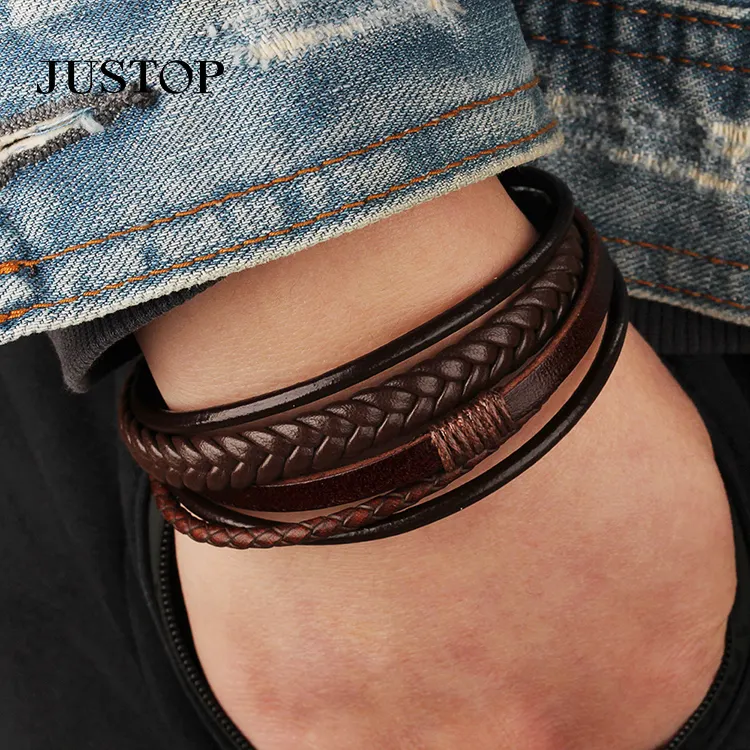 Braccialetti alla moda in vera pelle da uomo braccialetti in corda intrecciata multistrato in acciaio inossidabile per gioielli da uomo con bracciali femminili