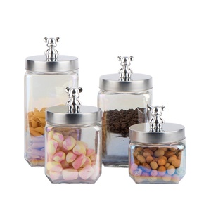 800ml 1250ml 1650ml 2100ml square Glass Jar with Stainless Steel Lid with <strong>Bear</strong> Decoration on Lid - Product Image 2