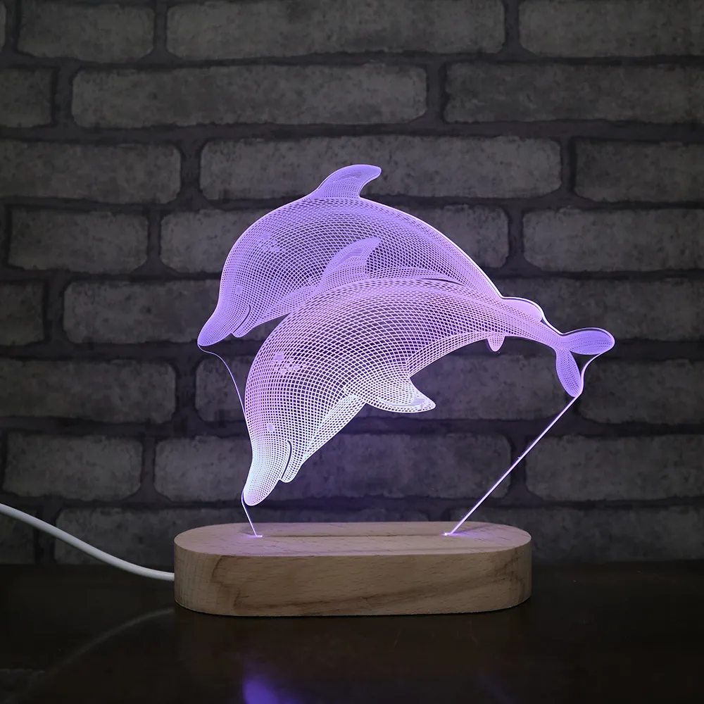dolphin twins design remote control 3d led night light wooden acrylic kids gift lamp with colorful RGB light