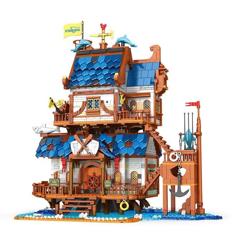 Bloques de construcción de Castillo de león dorado Medieval, modelo de construcción con luz, vista de la calle, Modular, juguetes de regalo