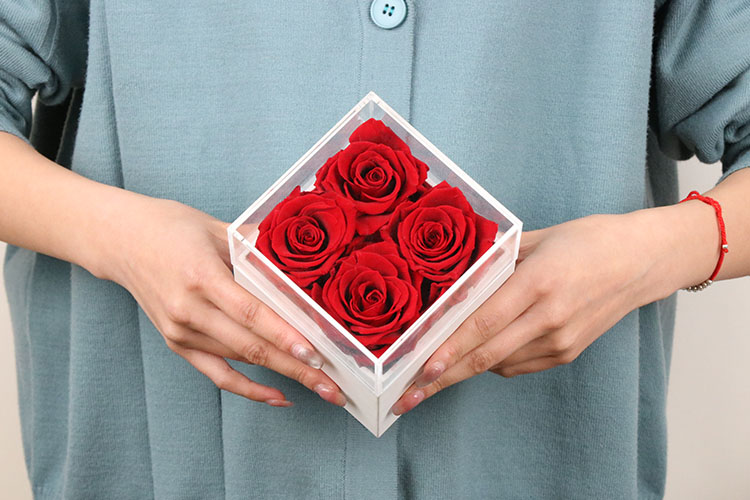 Boîte carrée XS 4 Roses avec couvercle en acrylique