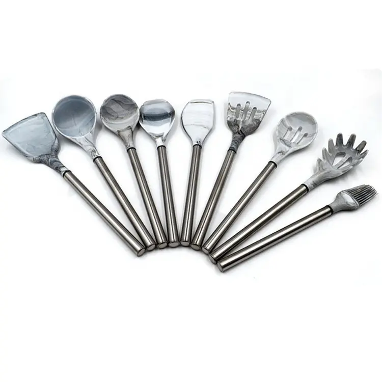 Grande magazzino S/S maniglia per uso alimentare 12 pezzi utensile da cucina in silicone con modello in marmo set di utensili da cucina con display piacevole