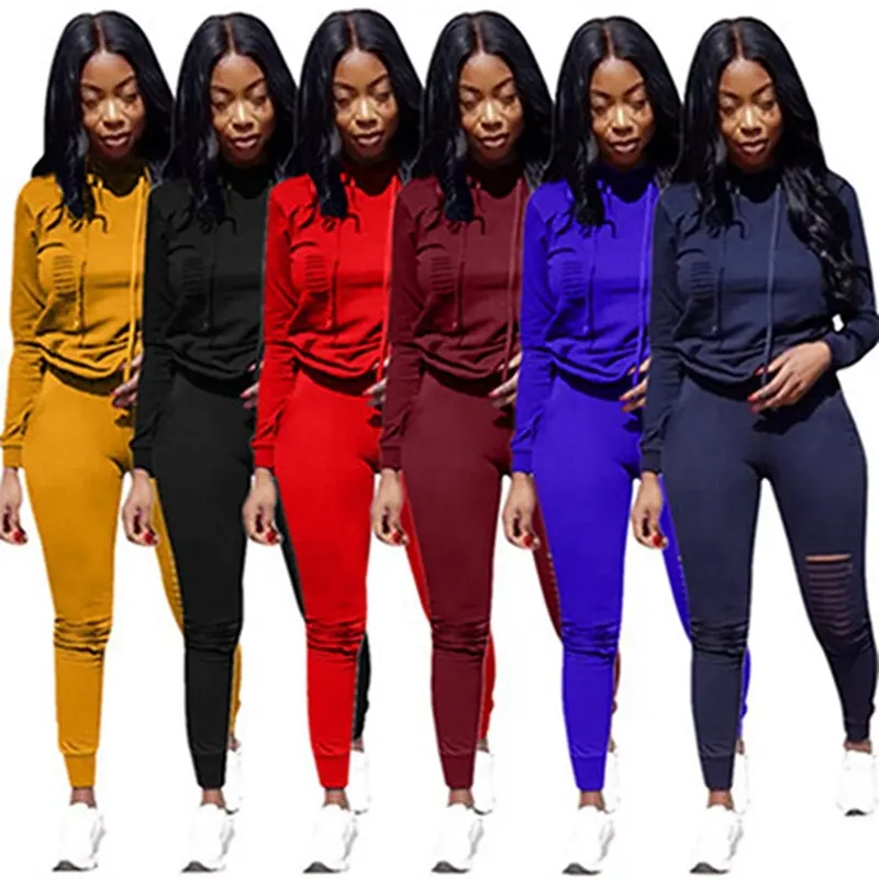 Ripped Sports Burn Hooded Two Piece Set Women Clothing