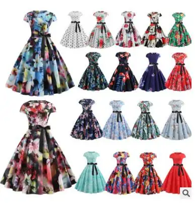 Mulheres Do Vintage Vestido de Verão 2019 da Cópia Floral Manga Curta Vestidos Escritório 60 50s s Festa Rockabilly Balanço Pinup Retro Plus Size