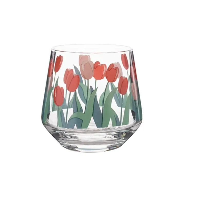Premium toptan özel desen çiçek tulip 12oz süt suyu içecek fincanı şeffaf cam kupa bardak
